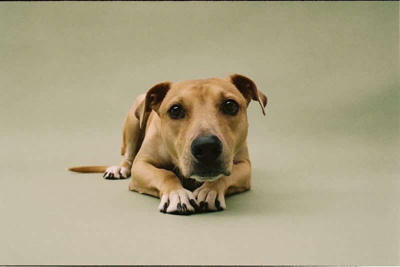 A relaxed hound lying with its chin on its paws