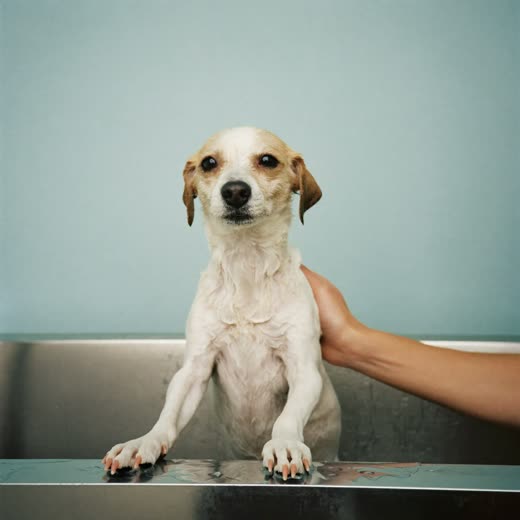 A small dog being bathed and lathered in a grooming bath